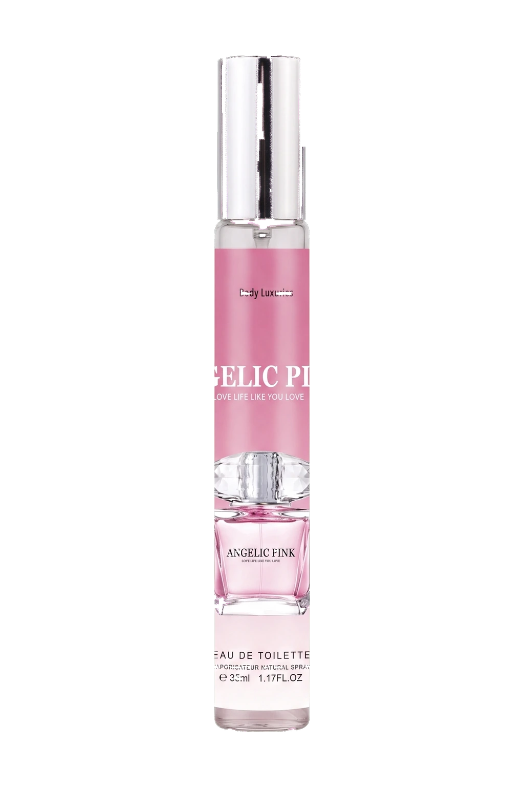 Tube Angelic Pink devant un anneau chromé sur fond lilas