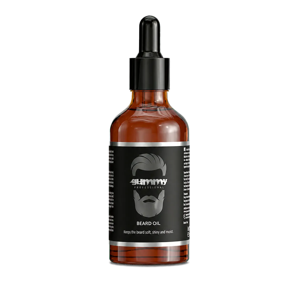 Flacon Gummy Beard Oil dans un décor de barbier ambré