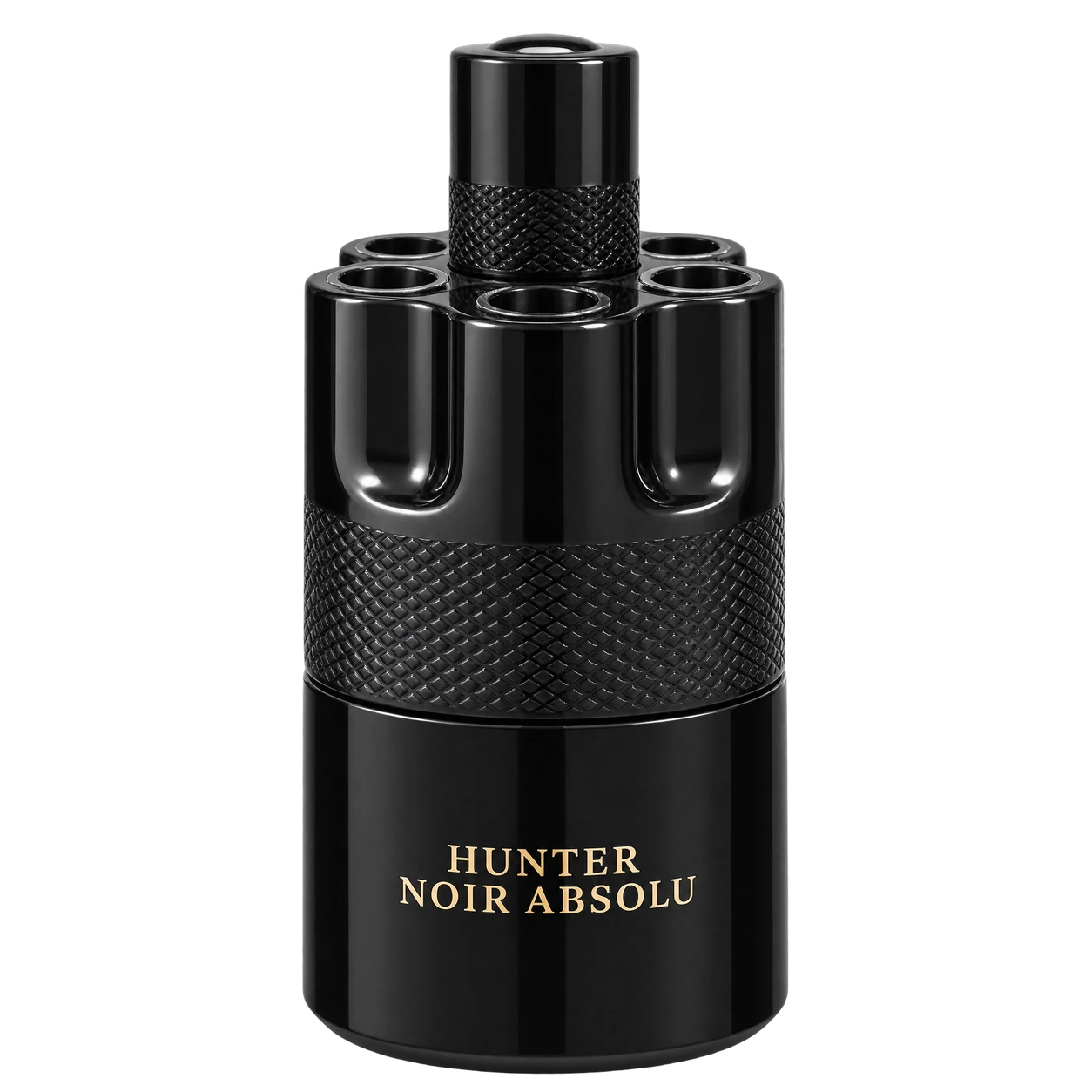 Flacon Hunter Noir Absolu dans une scène sombre aux braises ambrées
