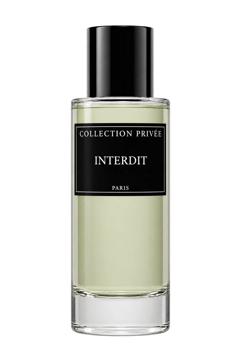 Flacon Interdit sur une tablette de marbre vert pâle, ombres de feuillage