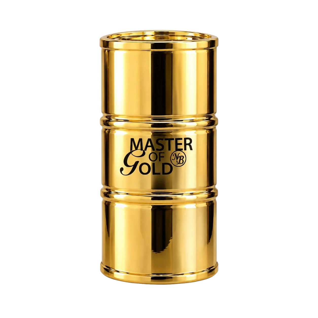 Flacon doré Master of Gold dans une scène minérale ambrée