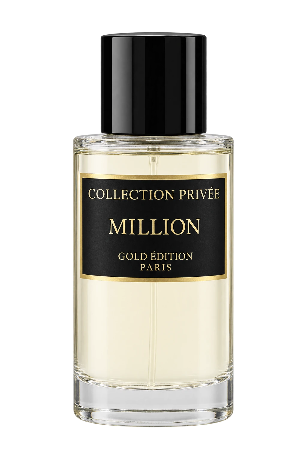 Flacon Million Gold Édition sur un socle laqué noir cerclé d’or